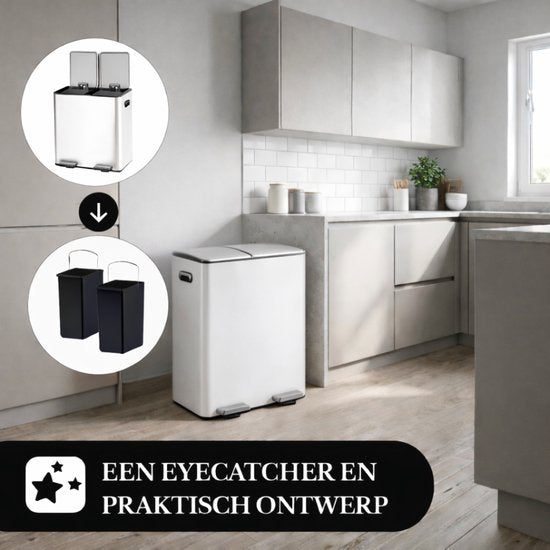 Bayt Prullenbak - Prullenbak 60 Liter (2x30) - Vuilnisbak 60 Liter - Pedaalemmer 60 Liter - Prullenbak Afvalscheiding - Prullenbak 2 Vakken - Afvalbak - RVS - Wit