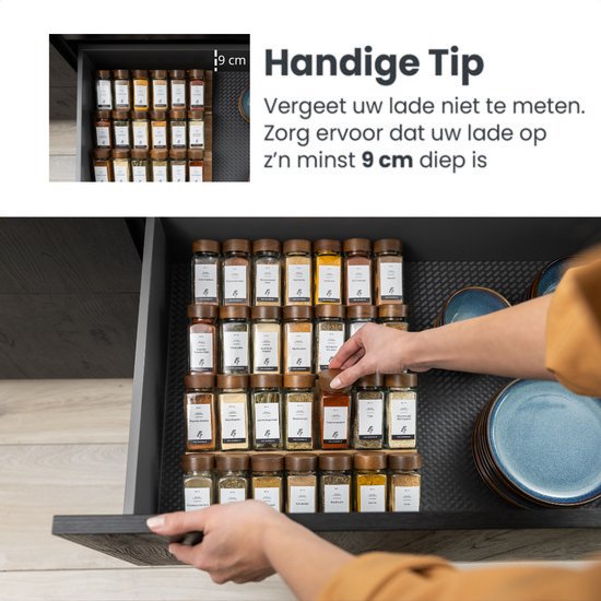 Organess Kruidenrek met 28 Kruidenpotjes - Kruidenrek Lade - Kruiden Organizer - Keukenlade organiser- Complete Set - 4 Stuks - Acacia