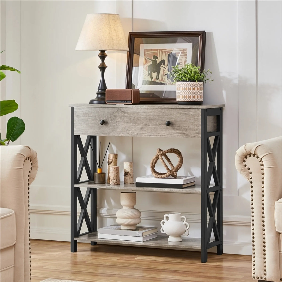 Yaheetech Wandtafel 80x29,5 cm met Schuiflade en 2 Legplanken – Grijs – MDF en Metaal