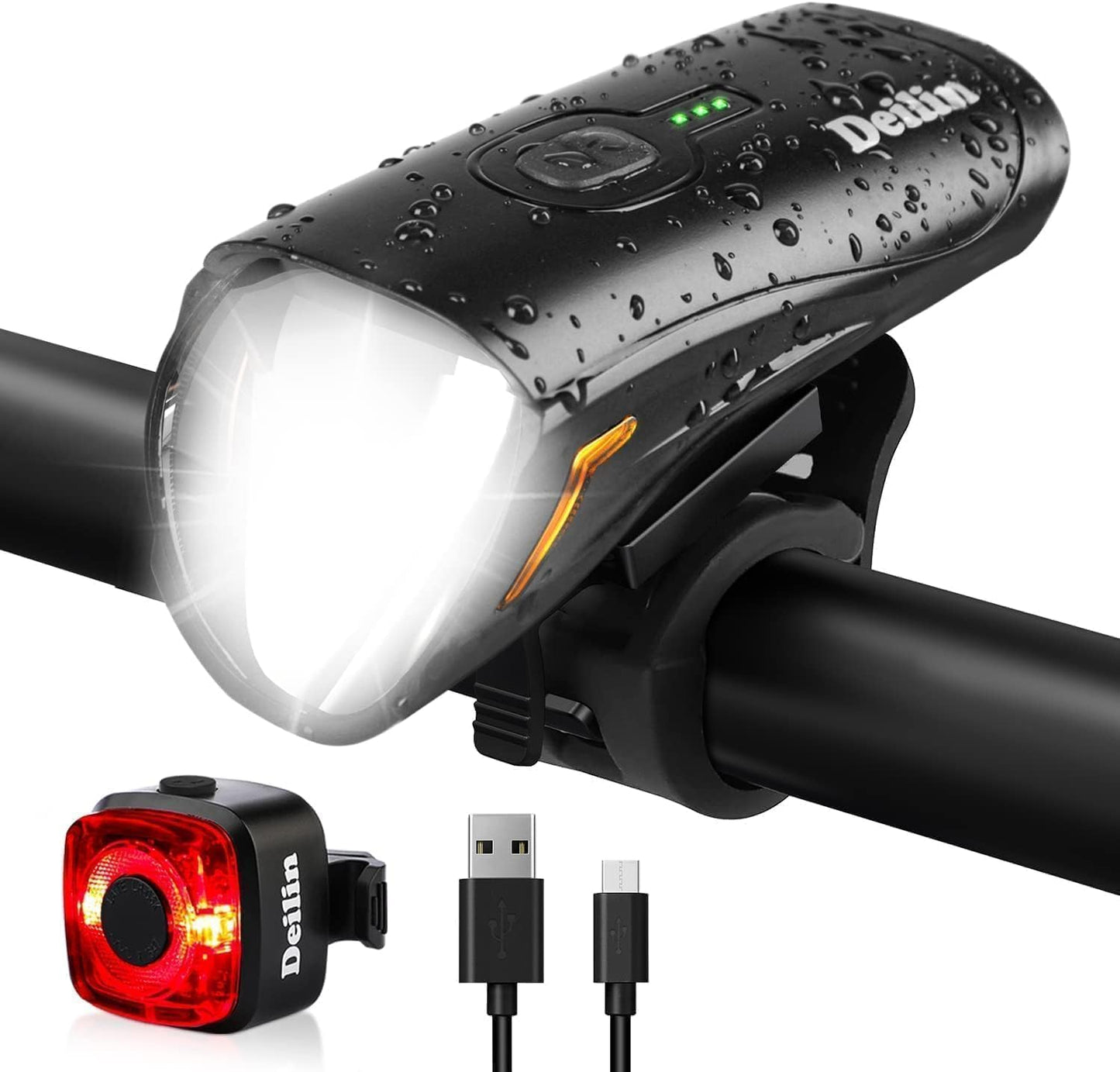 Deilin Fietsverlichting Set Premium – Voorzien Van Slimme Helderheidsregeling En Batterij-indicator En Ipx5 Waterdicht Frame – Voor Stuurmontage En Rijveiligheid – Zwart Polycarbonaat – 100 Lux
