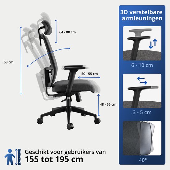 Backerz Ergonomische Bureaustoel - Bureaustoelen voor Volwassenen tot 160kg - Fabric Office Chair - NEN-EN1335