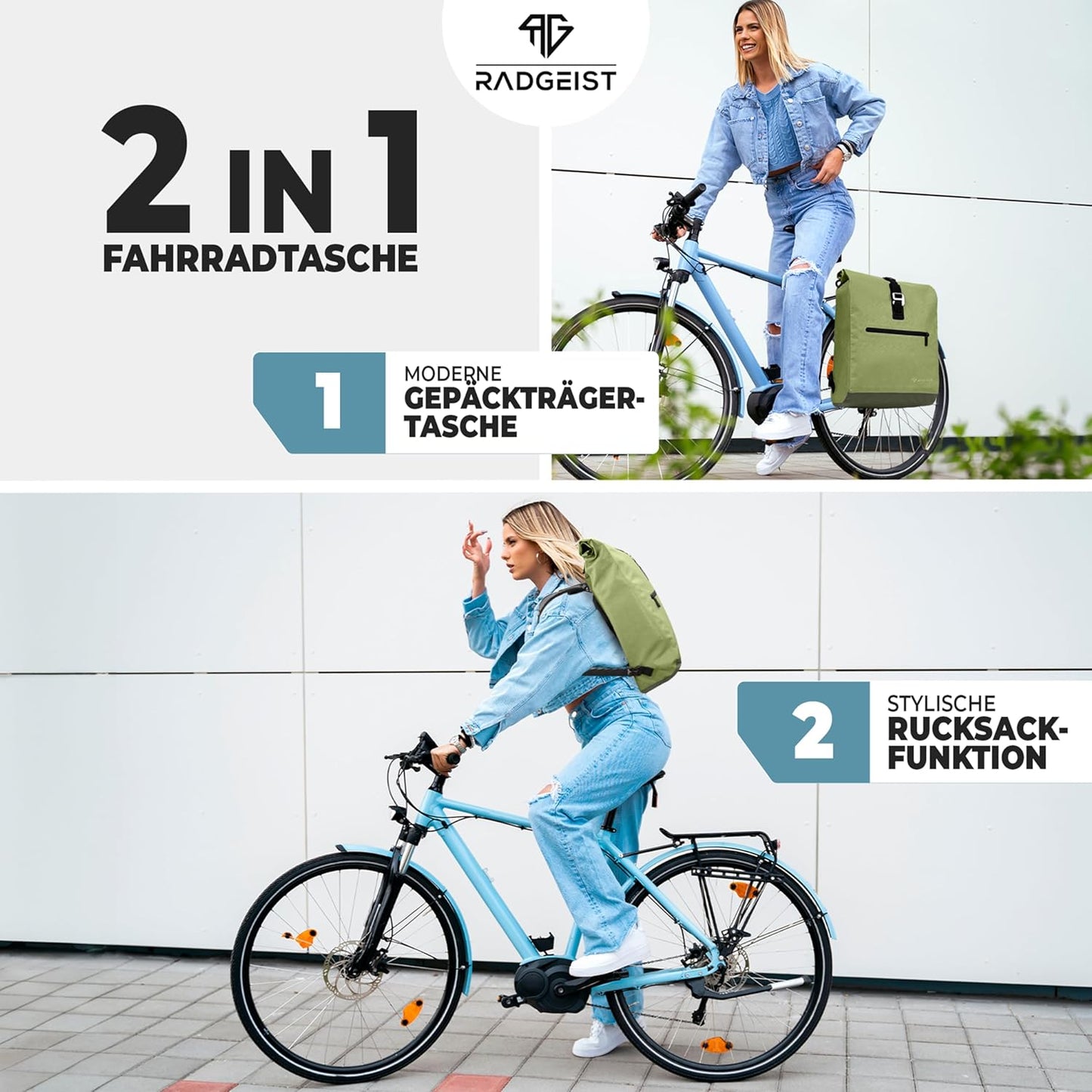 RADGEIST fietstas voor bagagedrager I fietstas & rugzak I fietstas voor dames & heren I schoudertas & fietstas voor fiets 20L groen
