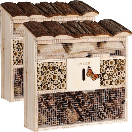 CADOCA Insectenhotel Set van 2 - Schorsdak Hout - 31x30,5x9,5cm