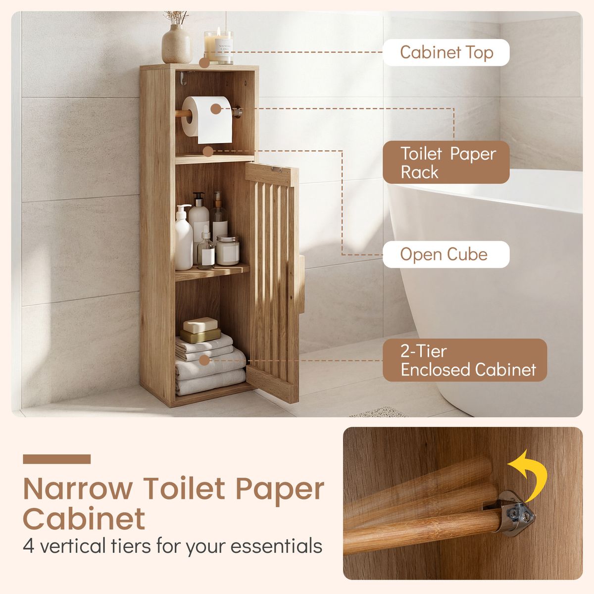 Coast Smalle Badkamerkast - toiletpapierhouder - verstelbare legplank - natuurkleur 20 x 19 x 78 cm