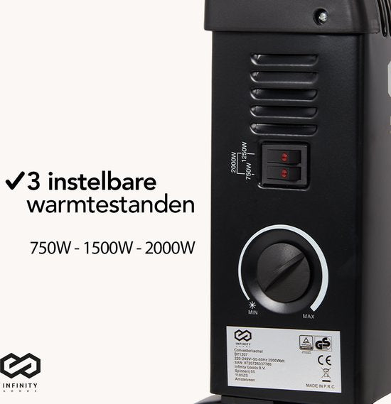 Infinity Goods Elektrische Convector Kachel - 750 / 1500 / 2000W - Verstelbare Thermostaat - Radiatorkachel - Oververhittingsbeveiliging - 35m² - Zwart