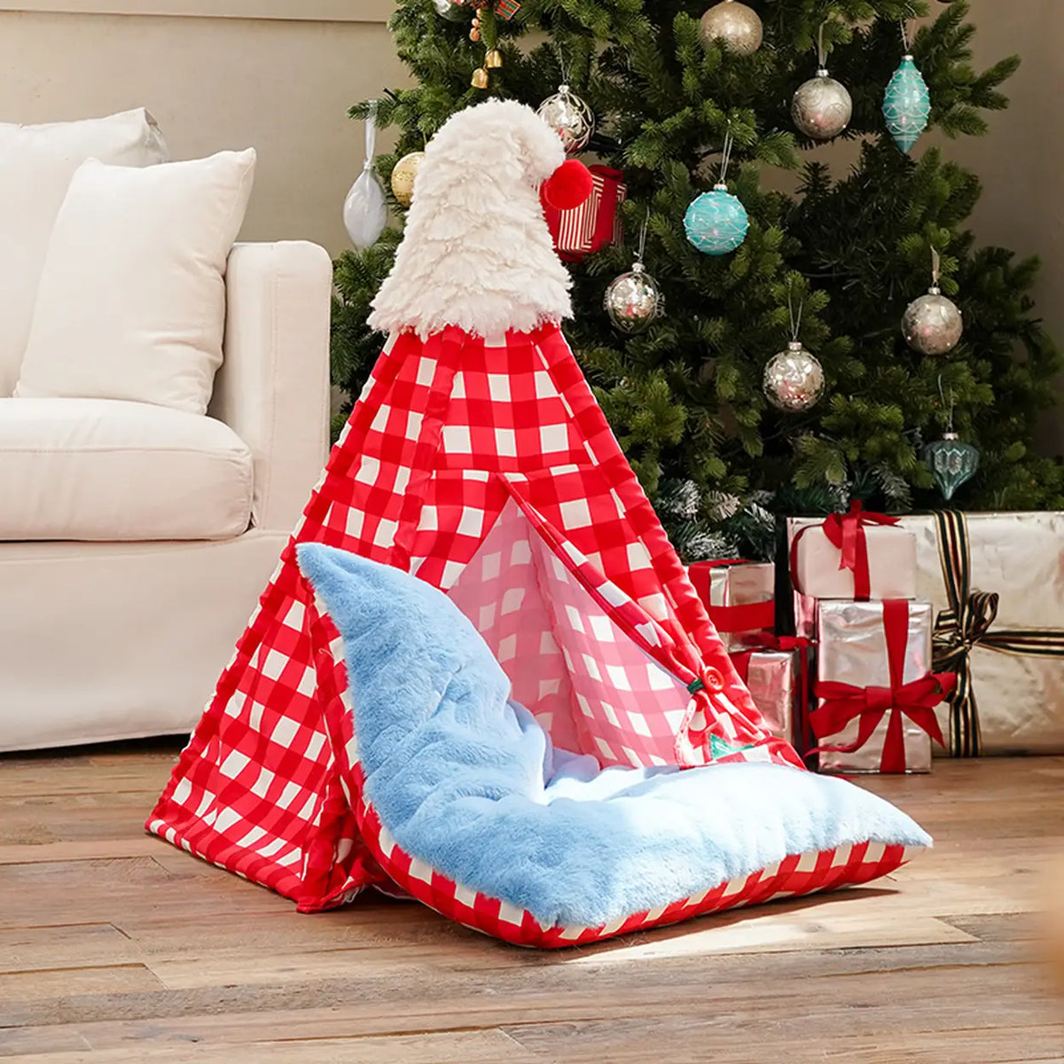 zeze huisdierentent met kerstmuts - rood-wit geruit - 60 × 60 × 78 cm