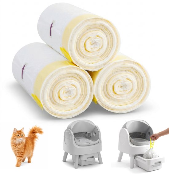 TrevoPet® Kattenbakzakken – 60 Stuks Lekvrije Vuilniszakken – Afvalzakjes Geschikt voor Zelfreinigende Kattenbak - 3 Rollen