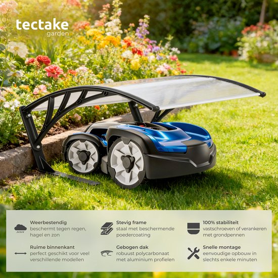tectake® Garage voor Robotmaaier - Grasmaaier Carport - Robot Maaier Laadstation Afdak - Weerbestendig - 81 x 100 x 48 cm - Inclusief 4 Grondpennen - Transparant