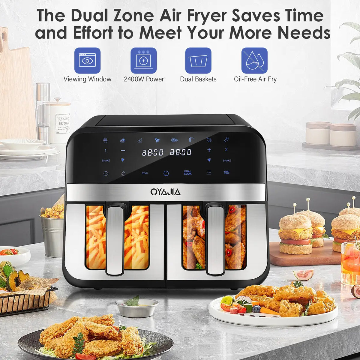 Oyajia Dual-Zone Airfryer met Onafhankelijke Temperatuurregeling - Digitaal Touchscreen - 4.5 L - Zwart