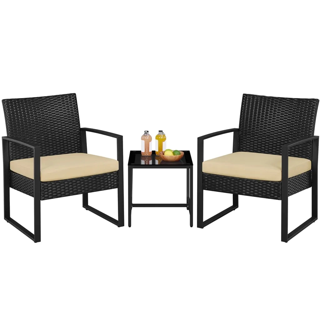 Yaheetech Balkonset - 3-delig - 2 Stoelen/Tafel - Polyrattan - Zwart/Khaki