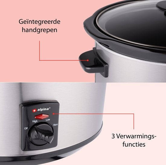 Alpina Slowcooker - 3.5 Liter - Keramische Binnenpan - 3 Warmtestanden - RVS