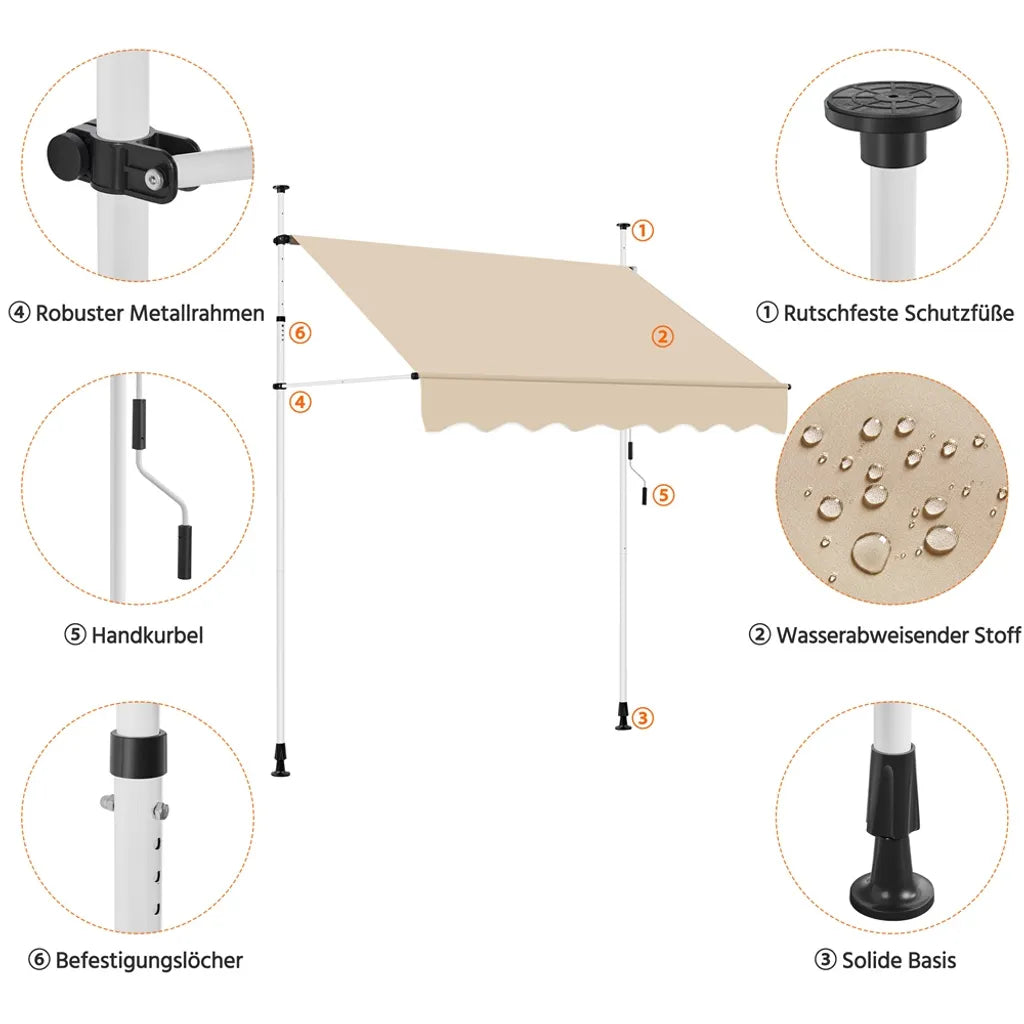 Yaheetech Balkon Zonnescherm 200 × 180 cm – Beige – Klemzonwering zonder Boren met Handzwengel en Verstelbare Hoogte 210–300 cm