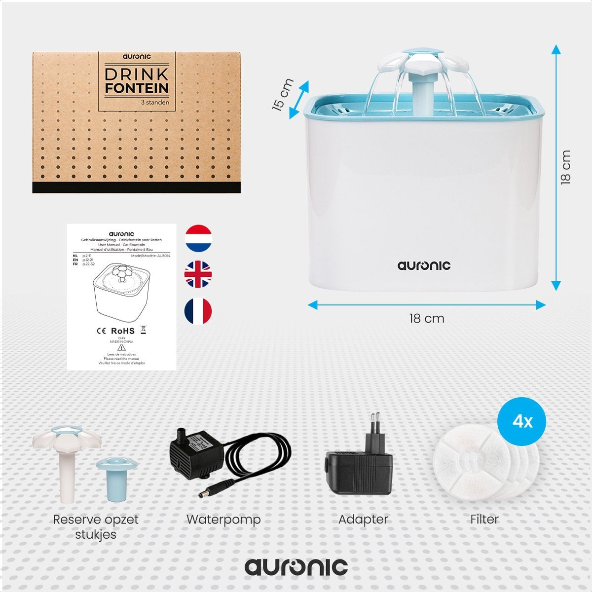 Auronic Drinkfontein voor Katten en Honden - 2L - Incl. 4 Filters - Wit