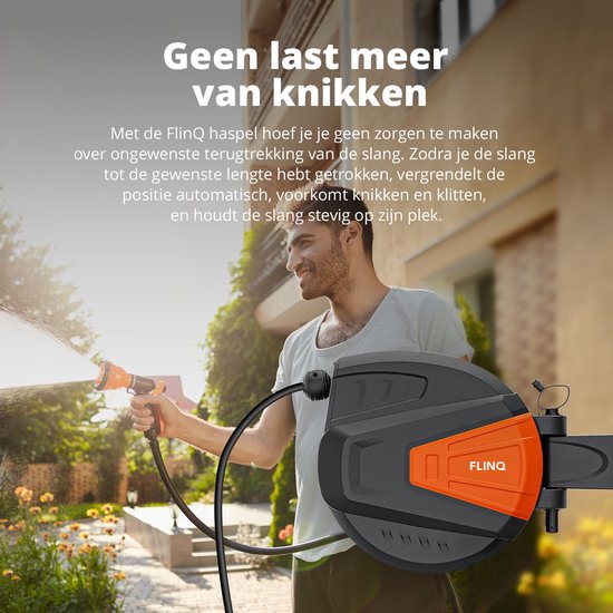 FlinQ Tuinslanghaspel 10 meter - Slanghaspel Automatisch - 180° draaibare Muurhaspel - Wandslangenbox met Tuinslang, Haspel en Sproeikop - 9 Sproeistanden