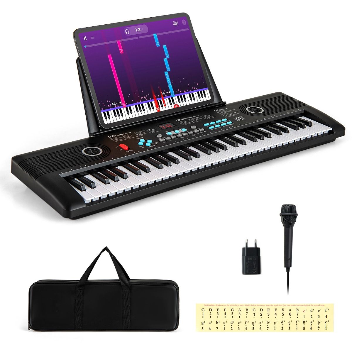 Coast Kinderkeyboard 61 Toetsen met Standaard, Microfoon & Draagtas - 58x18x5 cm - Zwart