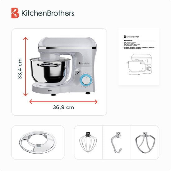 KitchenBrothers Keukenmachine - Keukenrobot - 6,2L - Mixer met Mengkom - Keukenmixer - 2000W - Parelwit
