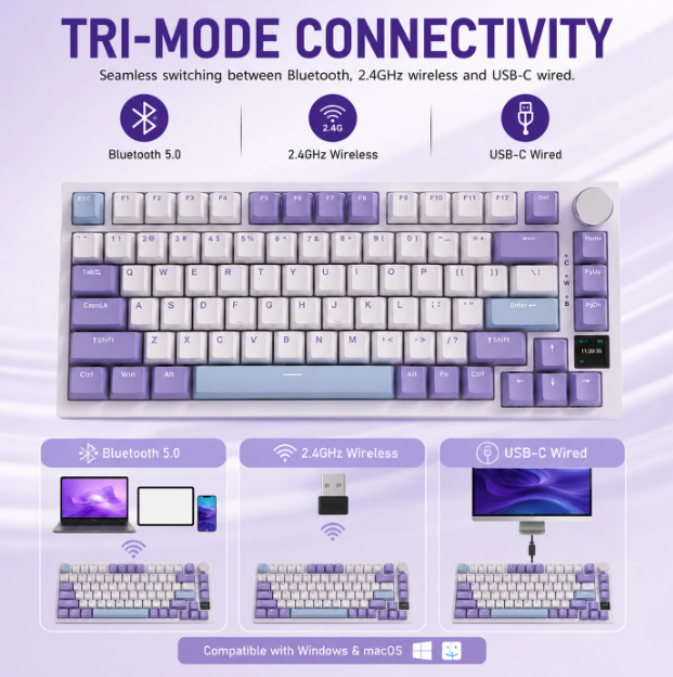 AJAZZ AK820 Pro Mechanisch Toetsenbord - 75% - QWERTY US - Tri-mode - TFT-display - RGB - Grijs - Sea Salt Purple Switches
