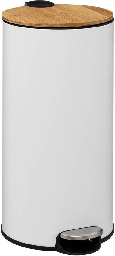 5Five prullenbak/pedaalemmer Bamboe - wit - metaal - 30 liter - 38 x 29 x 60 cm - keuken