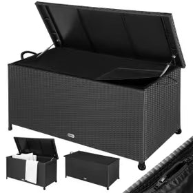Casaria Polyrotan Kussenbox – Voorzien Van Twee Gasdrukveren En Waterdichte Binnenvoering En Twee Wielen – Voor Zitkussens En Tuinaccessoires – Zwart Gepoedercoat Staal – Honderdzeventien Lang En Drieënvijftig Breed En Zestig Hoog cm