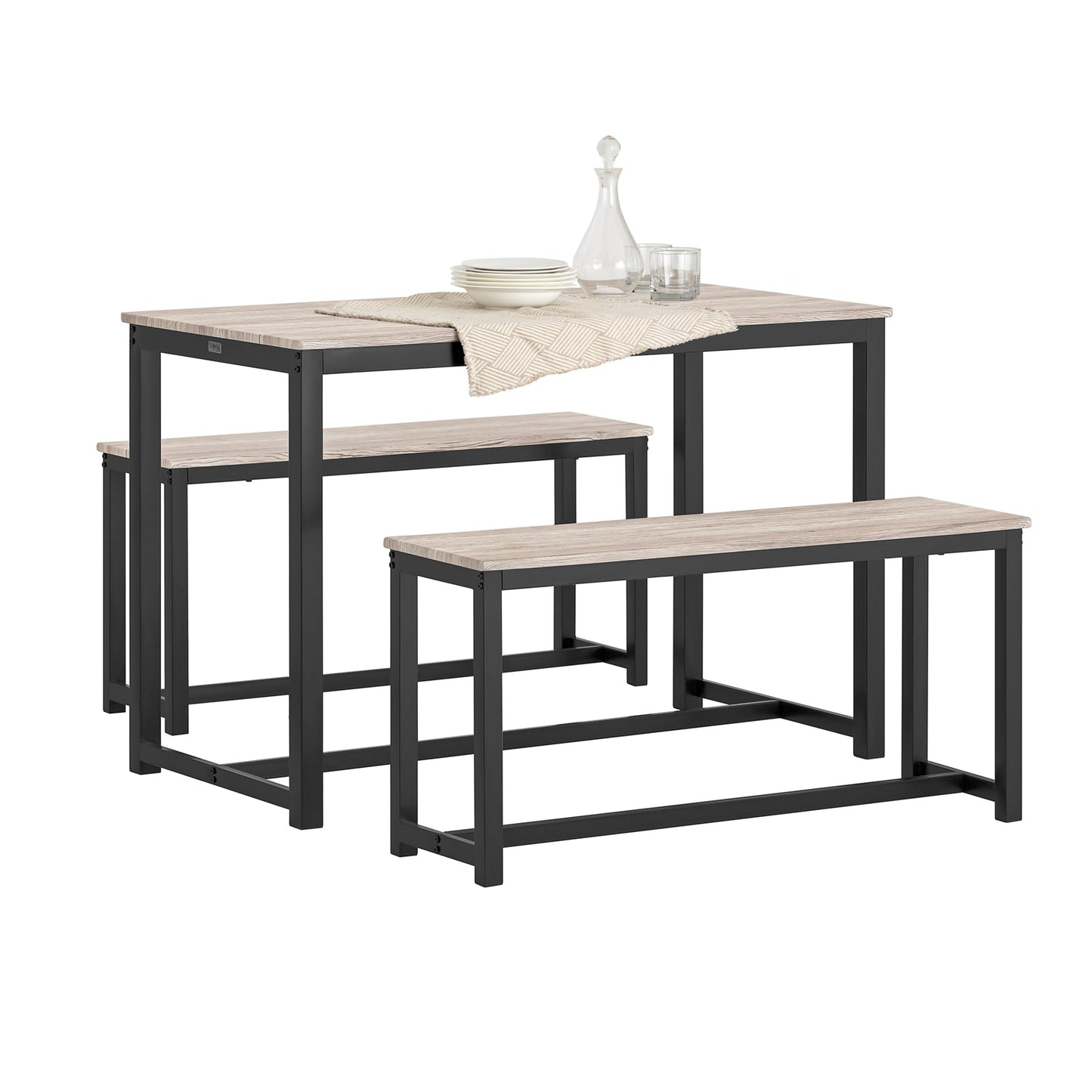 SoBuy 3-Delige Eettafelset OGT25-HN - 2 Banken 1 Eettafel - MDF met Metalen Poten - 110 x 74 x 58 cm - Natuur/Zwart