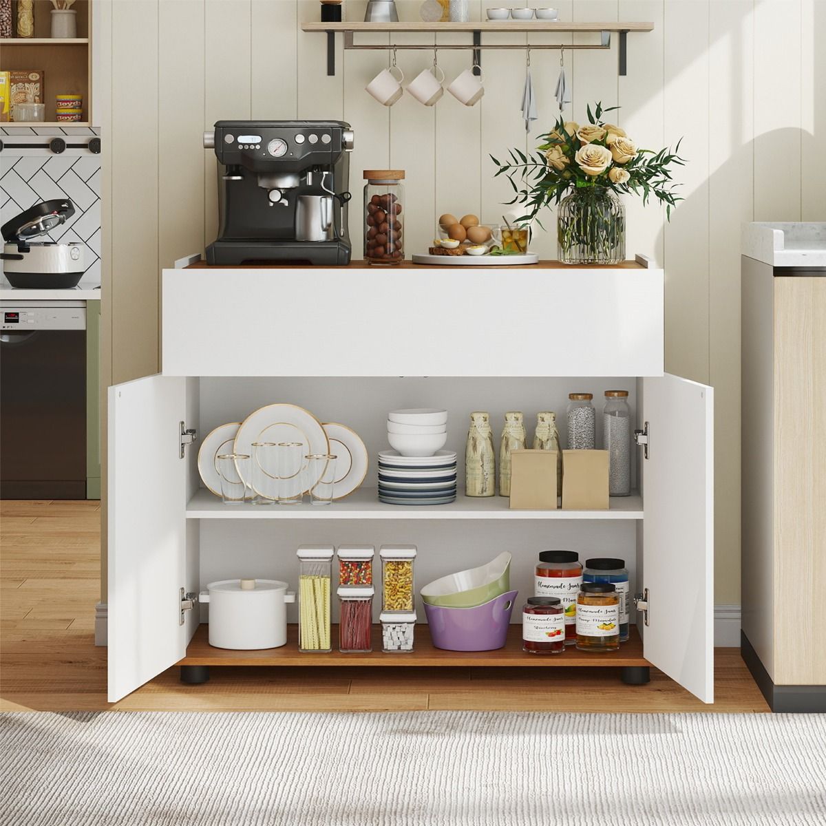 Coast Dressoir met opbergruimte - houten kast met lade en twee deuren - zwart/wit - 80 x 35 x 70 cm