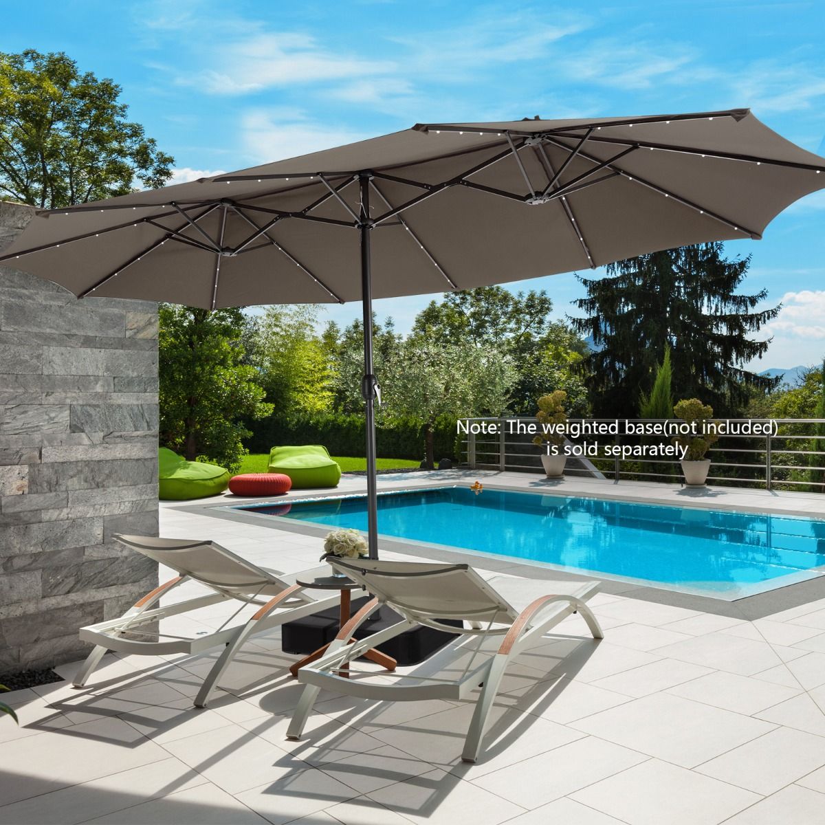 Coast Dubbelzijdige Terrasparasol 470 x 280 cm - 48 LED-Lampjes met Zonnepaneel - Zwengelsysteem - Bruin