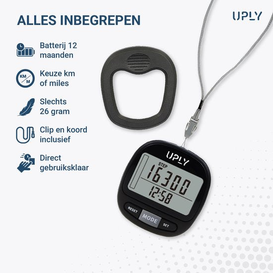 Uply Stappenteller met Clip & Draagkoord – 3D Sensor – Broekzak Pedometer – Inclusief Batterij – Zwart