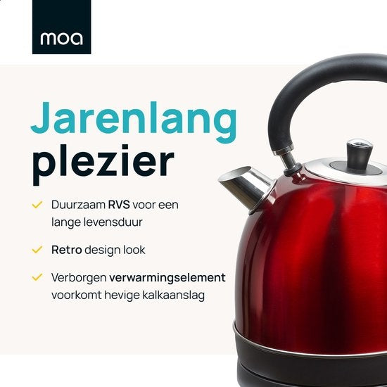 MOA Waterkoker Retro - 1.8L - RVS - BPA vrij - 2200W - Elektrische Waterkoker- Rood