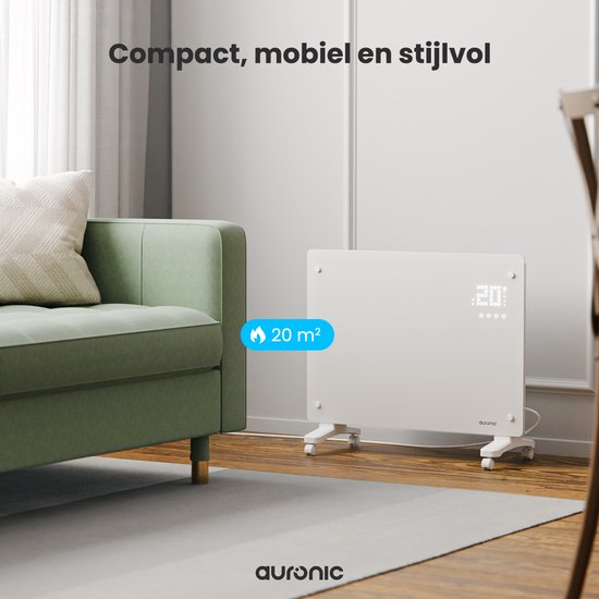Auronic Elektrische Kachel – Convectorkachel met Thermostaat en Afstandsbediening - Glazen Paneelverwarming - 1500W Heater - Wit