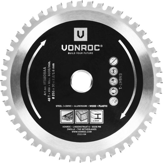 VONROC Multi-materiaal zaagblad - 255 x 30mm – 48 tanden – Voor hout, aluminium, kunststof en staal – Voor MS507AC