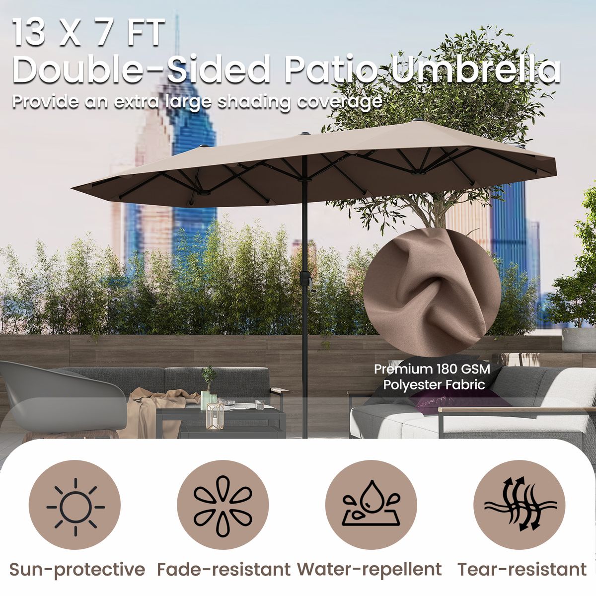 Coast Dubbele Parasol - rechthoekig - waterafstotend polyester - 400 x 215 cm - bruin