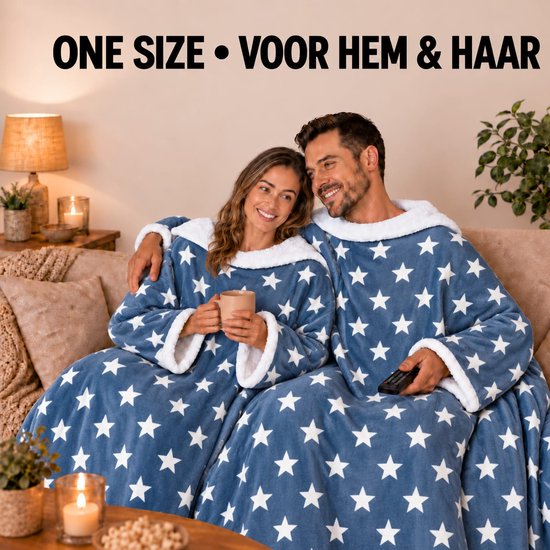 Fleece Deken met Mouwen - Plaid met Mouwen - Hoodie Deken - Hoodie Blanket - Huggle Hoodie - Snuggle Hoodie - Dekens - TV Deken - Blauw - Sterren - Dames en Heren - Volwassenen - 180x130 cm - Noodpakket - Kerstcadeau - Snuggie Moment