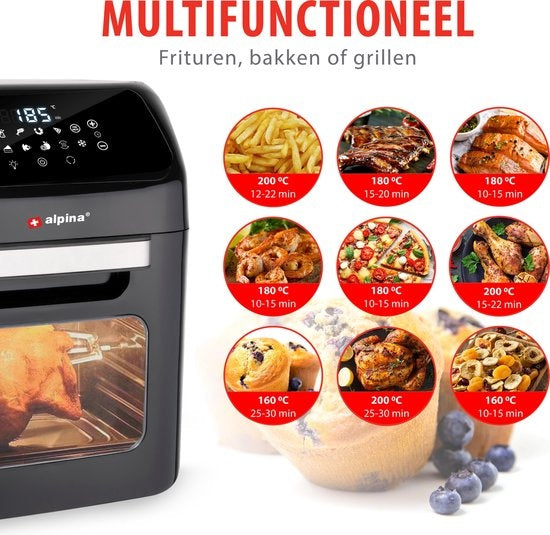 alpina Airfryer Oven 12L - Heteluchtfriteuse 1800W - Heteluchtoven met Bak en Grillfunctie