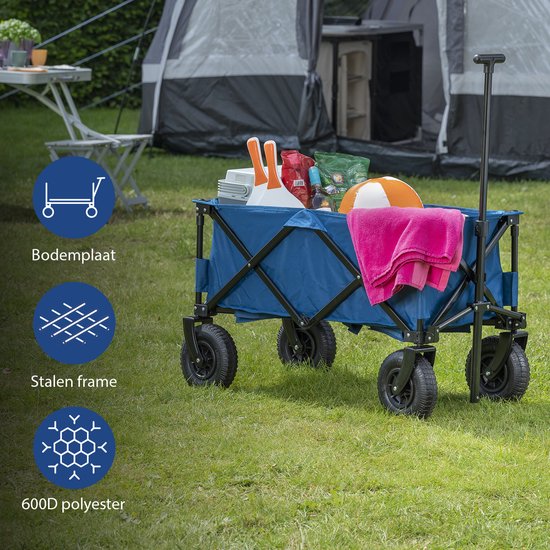 Bolderkar opvouwbaar - Bolderwagen met Luchtbanden - 43x21x80cm - Belastbaar tot 70 kg - Extra Stevig Harmonicaframe - Inclusief Bodemplaat en Opbergtas - Trekwagen, Transportkar en Strandkar voor Camping, Tuin, Festival, dagje uit - HC-0414 - Blauw
