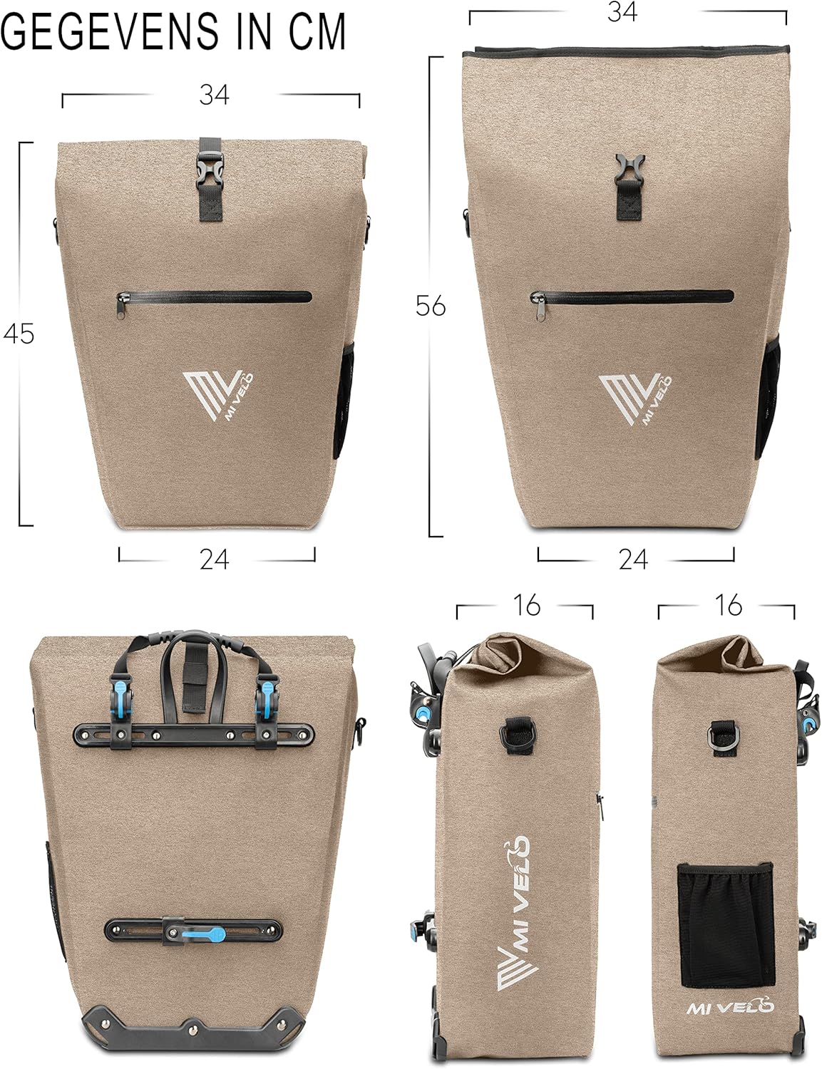 MIVELO Fietstas voor Bagagedrager - 100% Waterdicht, PVC-vrij, Laptopvak, Zandbeige