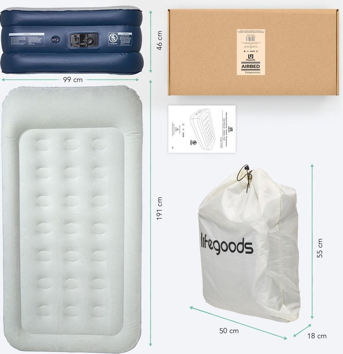 LifeGoods Luchtbed - 1 Persoons - met Ingebouwde Pomp - Incl. Draagtas en Reparatiekit - Blauw/Wit