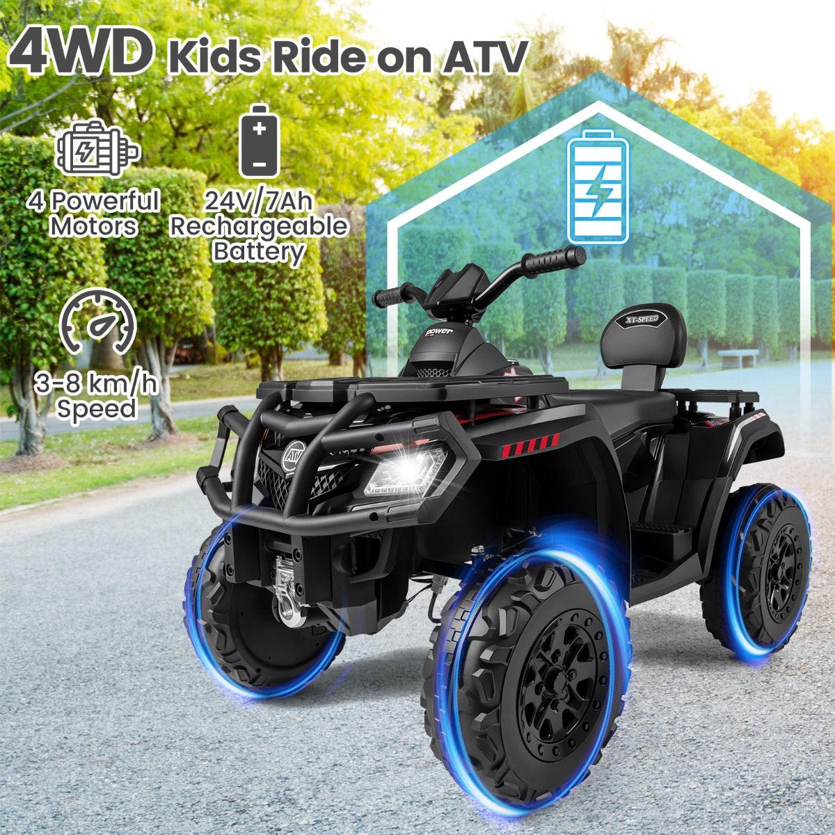 Coast elektrische kinderquad - 2 zitplaatsen - 4 motoren - zwart