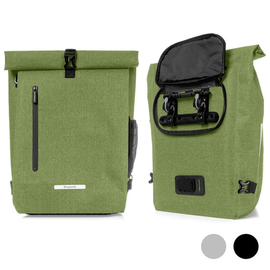 LifeGoods Enkele Fietstas - Compact - Schoudertas en Rugtas - 25L - Ronde Bagagedragers - Waterdicht - Olijfgroen