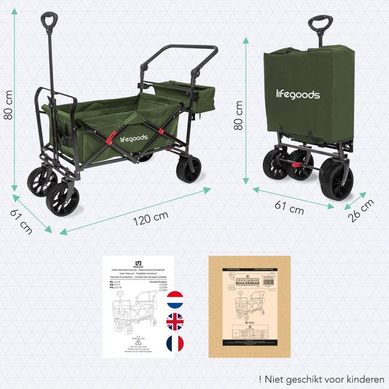 LifeGoods Bolderkar - Opvouwbaar - Tot 120KG - 90L - Wasbaar Polyester - 120x80cm - Groen