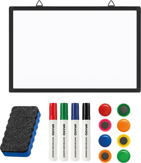 BRASQ Whiteboard 60x90 cm magnetisch – met accessoires set (markers, wisser, magneten) - Schoolbord - Magneetbord – zwart