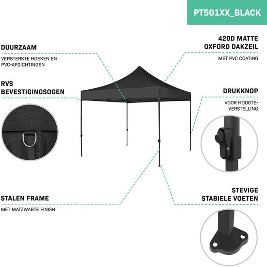 VONROC Partytent - Paviljoen - Easy Up - Opvouwbaar - Waterdicht - Met Draagtas - 300 x 300 cm – Zwart