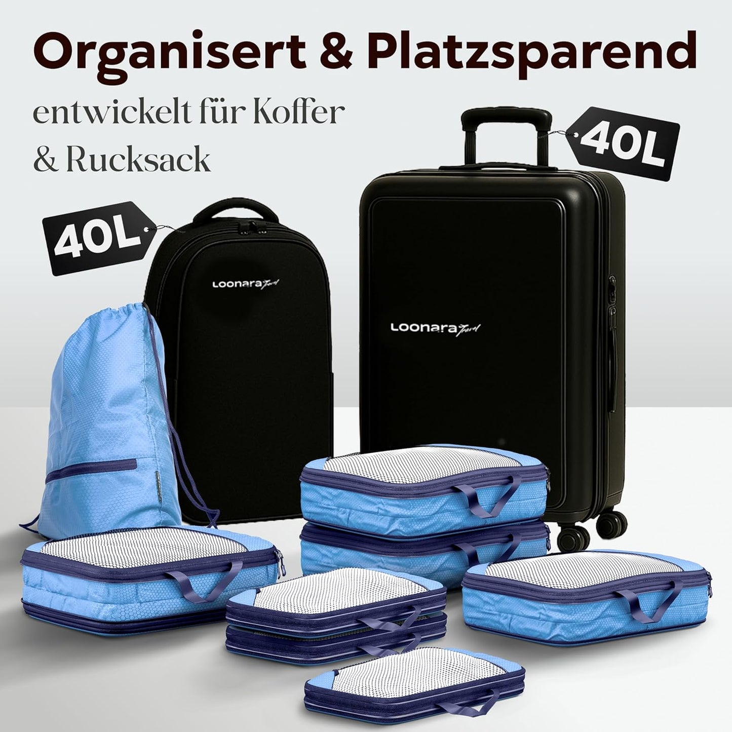 LOONARA Packing Cubes - Compressie Reisorganizer - 3-Delige Set - Mariner's Azure - Voor Koffer & Rugzak - Lichtgewicht & Duurzaam - Bespaar tot 50% Ruimte