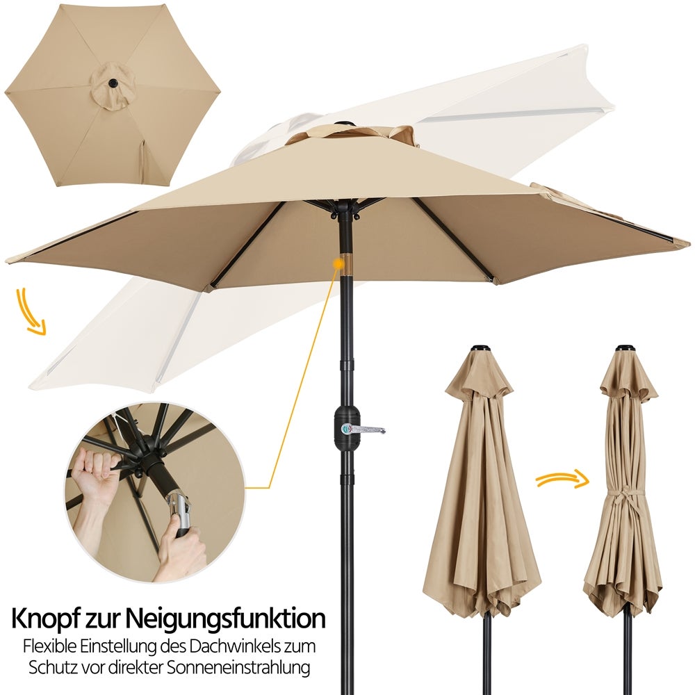 Yaheetech Parasol met Zwengel - Kantelbaar - UPF 50+ - ø 226 x 240 cm - Lichtbruin