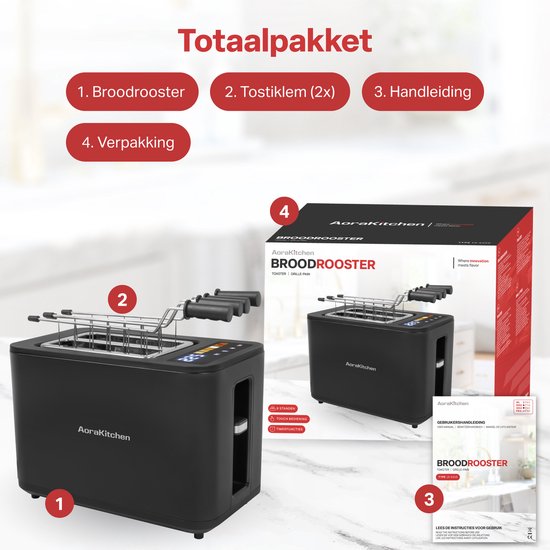 AoraKitchen Broodrooster met Tostiklemmen - 6 Warmteniveaus - Led Scherm - Toaster - Timer - Zwart