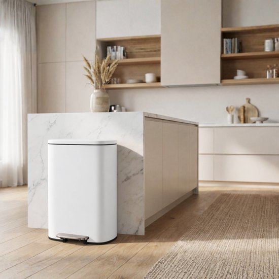 Bayt Prullenbak - Pedaalemmer 50 Liter -Prullenbak 50 Liter - Vuilnisbak 50 Liter - Prullenbak Afvalscheiding - Afvalbak- RVS - Wit