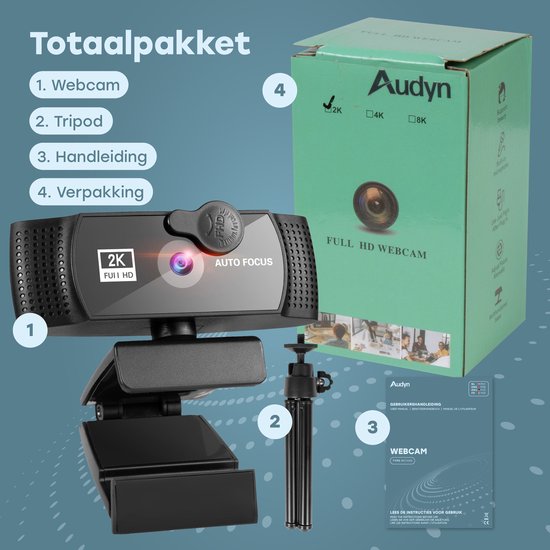 Audyn Webcam - 5MP - 2K Full HD - met Microfoon - voor PC - incl. Cover & Standaard - Streaming Camera - Webcams