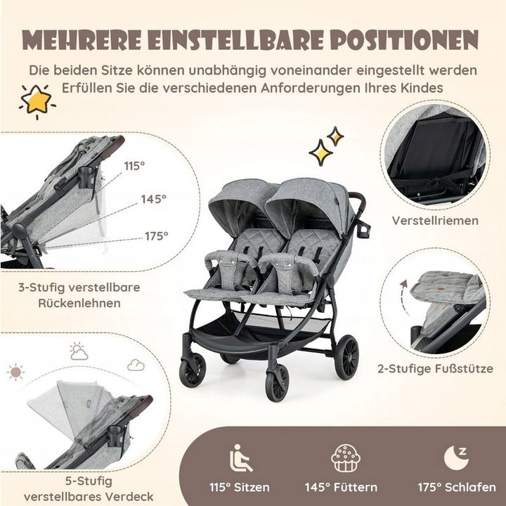 Coast Dubbele kinderwagen - Max 15 kg per stoel - 0-3 Jaar - Grijs