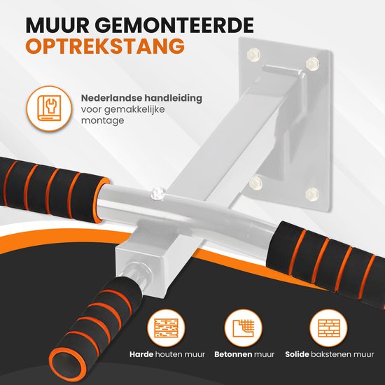 TTD® Premium Pull Up Bar - Pull Up Station - Optrekstang Wandmontage - Dip Station - Dip Bars - Thuis Sporten - Thuis Fitness - Premium materialen - Extra stevige montage onderdelen - Home workout - Wit/Oranje