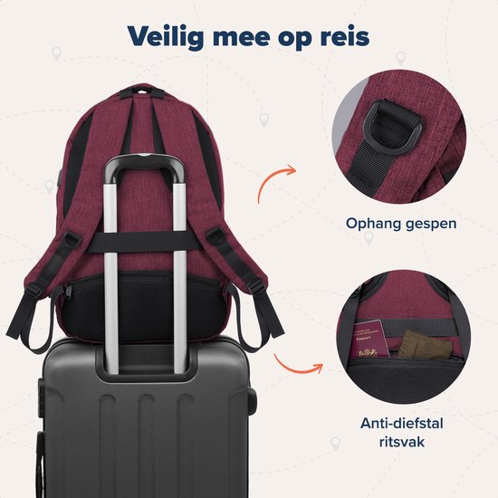 TRVLMORE Rugzak - Rugtas met 17,3 Inch Laptopvak - Schooltas - Spatwaterdicht - Heren en Dames - Jongens en Meisjes - 36L - Burgundy