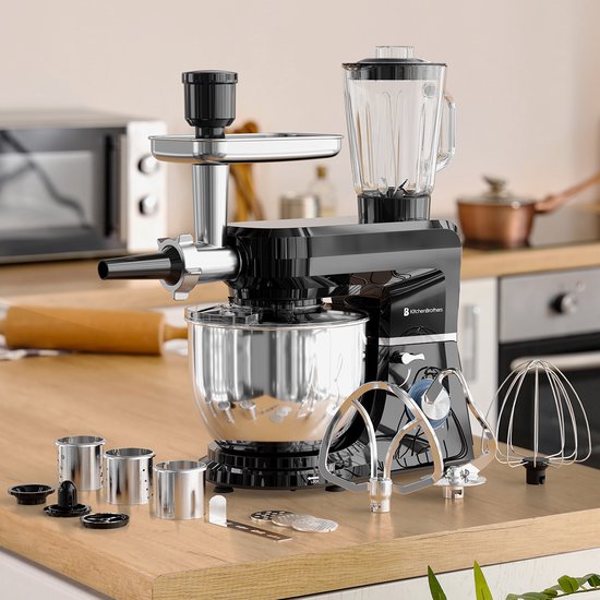 KitchenBrothers Keukenrobot - 6-in-1 Keukenrobot - 1500W - Met Gehaktmolen, Blender en 15 Accessoires - 6,2L RVS Kom - Zwart